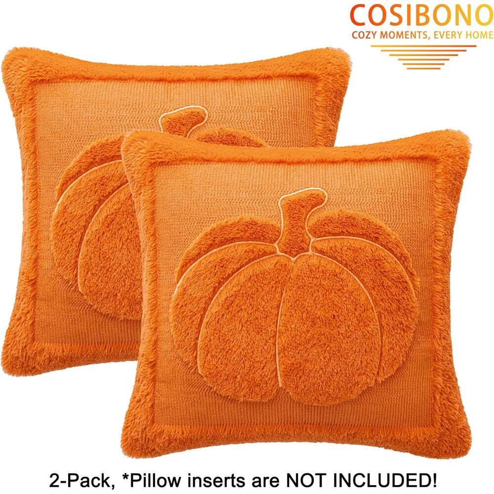 Pumpkin Fall Throw Pillow Covers 18"x18" Set of 2 Orange Embroidered Plush Soft - Picture 6 of 6